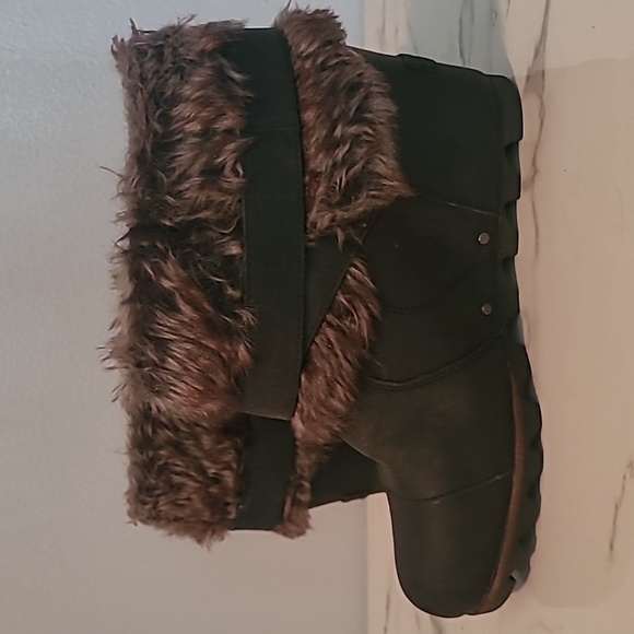 Sorel Joan Of Arctic Deep Gray Leather Suede Faux Fur Wedge Heel Ankle Boots 9 - Picture 6 of 12